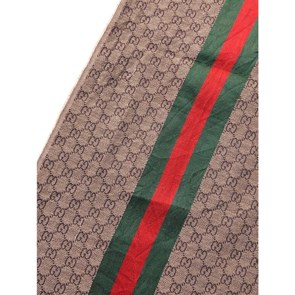 Gucci Brown & Beige GG Logo Print w/ Green Red Stripe Wool Silk Scarf Pre-owned - Picture 10 of 16
